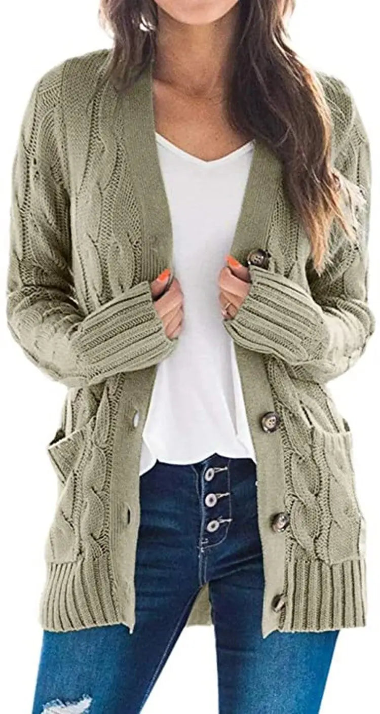 Cárdigan de punto de manga larga para mujer, suéter holgado con una hilera de botones de Color sólido y cuello de pico, prendas de vestir de talla grande S-3XL 2024