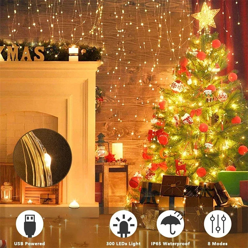 Guirnalda de cortina, cadena de luces Led, decoración navideña para Festival, 8 modos, luz navideña Usb para dormitorio, hogar y exteriores