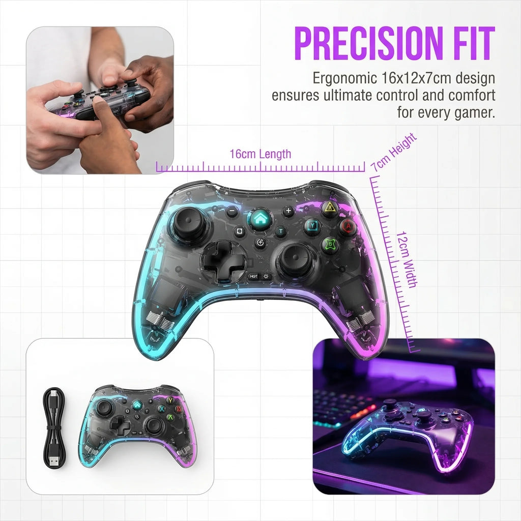 Controlador de juegos inalámbrico, controlador de juegos Bluetooth ergonómico con efecto de luz RGB para Switch, PS3, PS4, iPhone, teléfono Android, PC