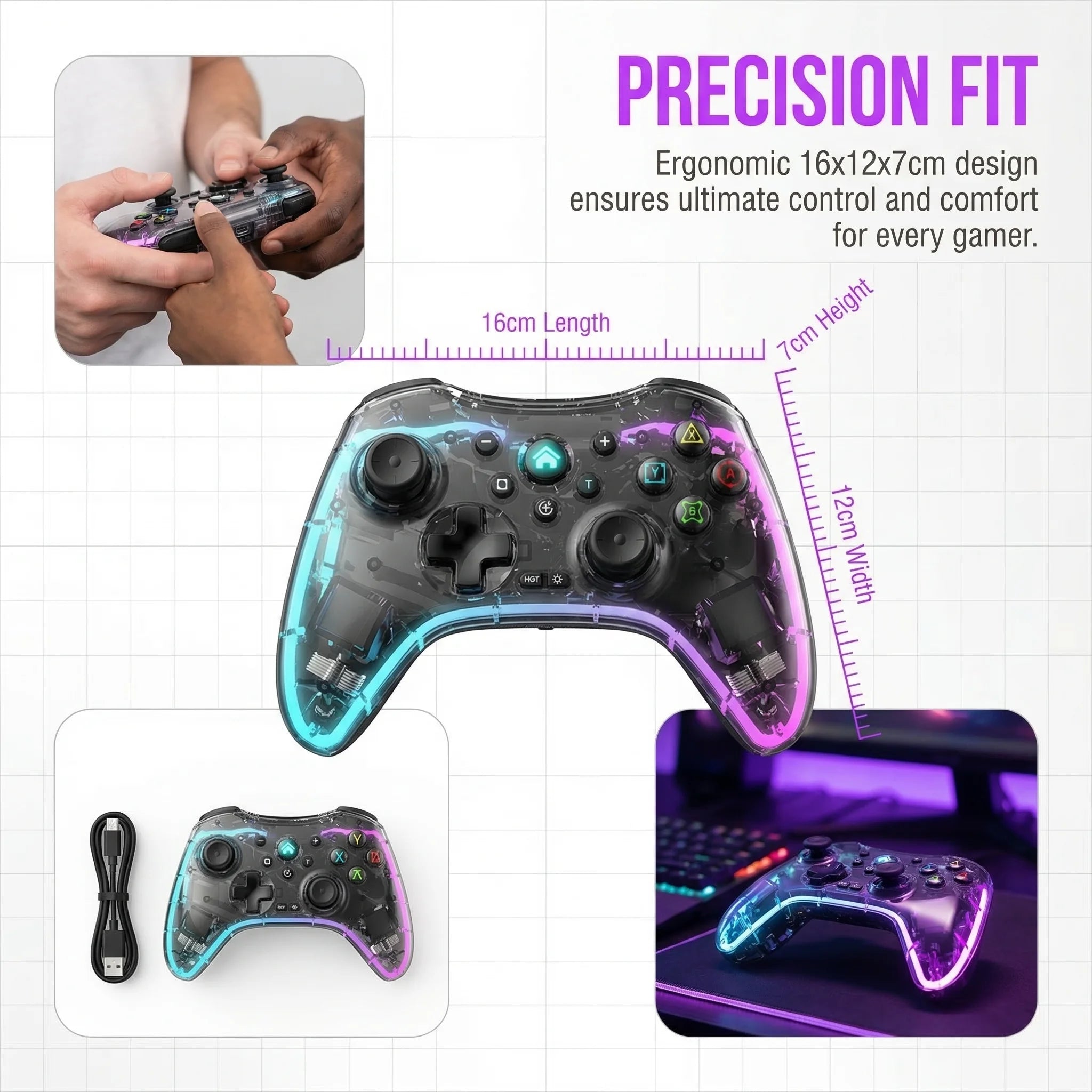 Controlador de juegos inalámbrico, controlador de juegos Bluetooth ergonómico con efecto de luz RGB para Switch, PS3, PS4, iPhone, teléfono Android, PC