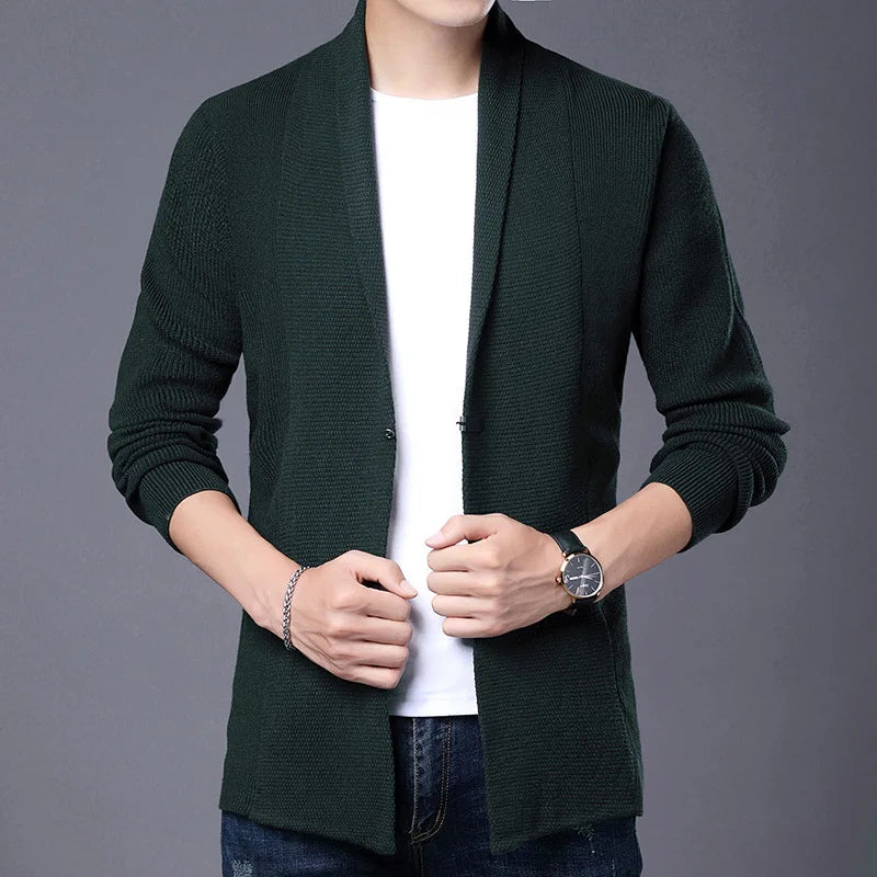 Cárdigan de punto ajustado de lana para hombre, ropa de calle de marca de alta calidad, suéter japonés, abrigos informales, chaqueta, ropa para hombre 2025