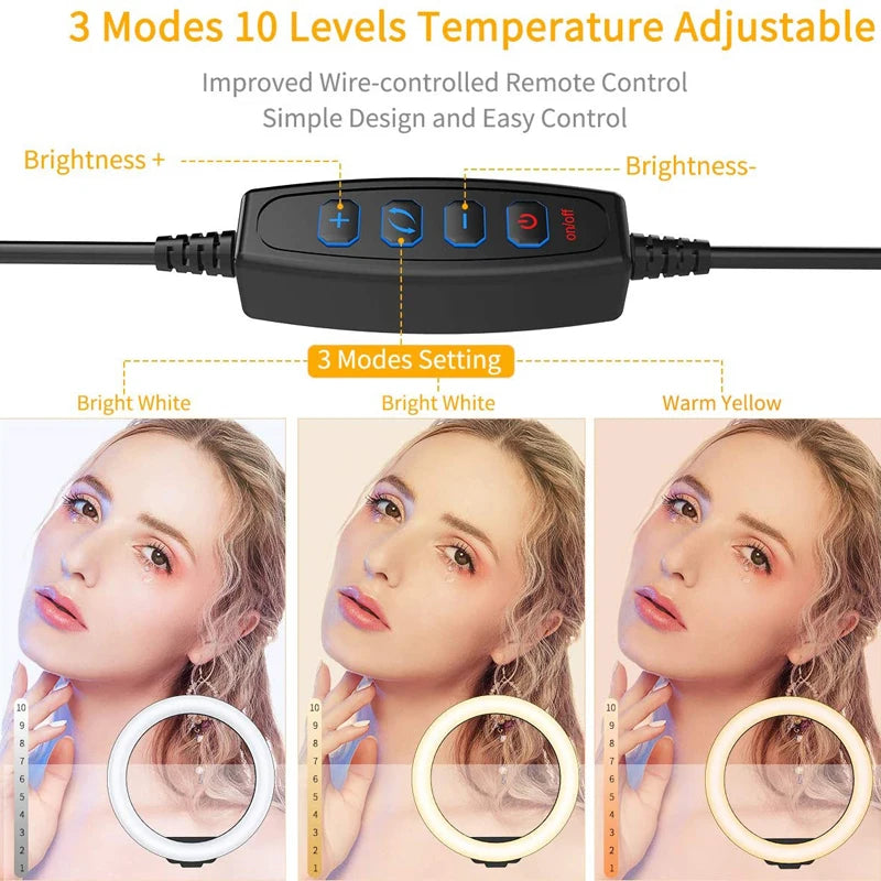 Anillo de luz LED para Selfie de 6/10/12 pulgadas, lámpara de relleno LED regulable para fotografía para teléfono móvil, luz de anillo para estudio de fotografía y vídeo en vivo