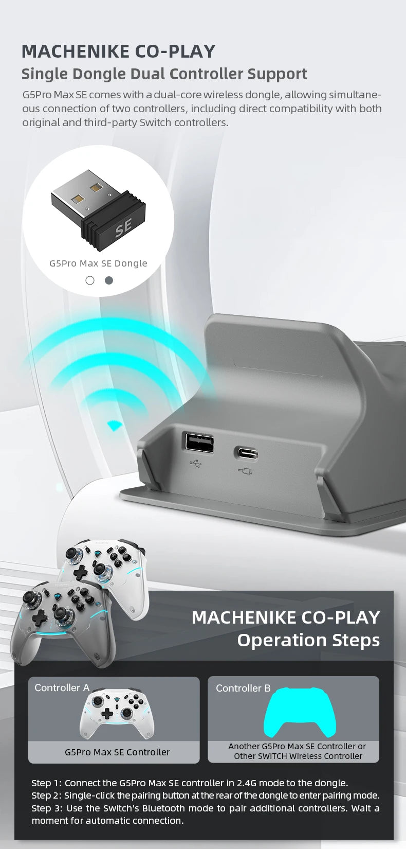 Controles de Juego Machenike G5Pro Max SE con Base de Carga, Joysticks con Efecto Hall Opcionales, Gatillos con Luz RGB, Control Inalámbrico para Juegos