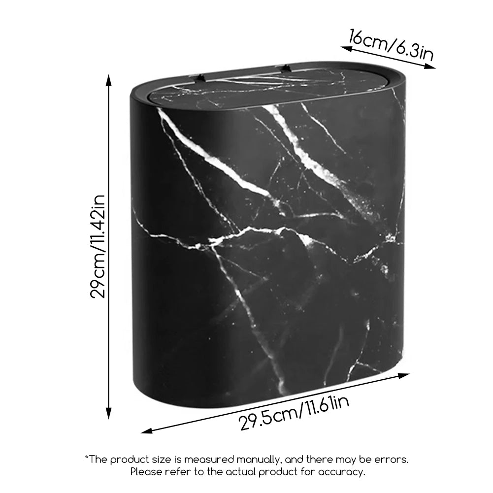 Cubo de basura delgado con tapa para baño y cocina, diseño mármol y madera