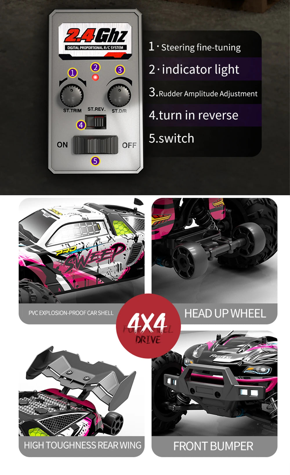 Coche RC Todoterreno 1:16 4WD sin Escobillas, 70 KM/H con Luces LED