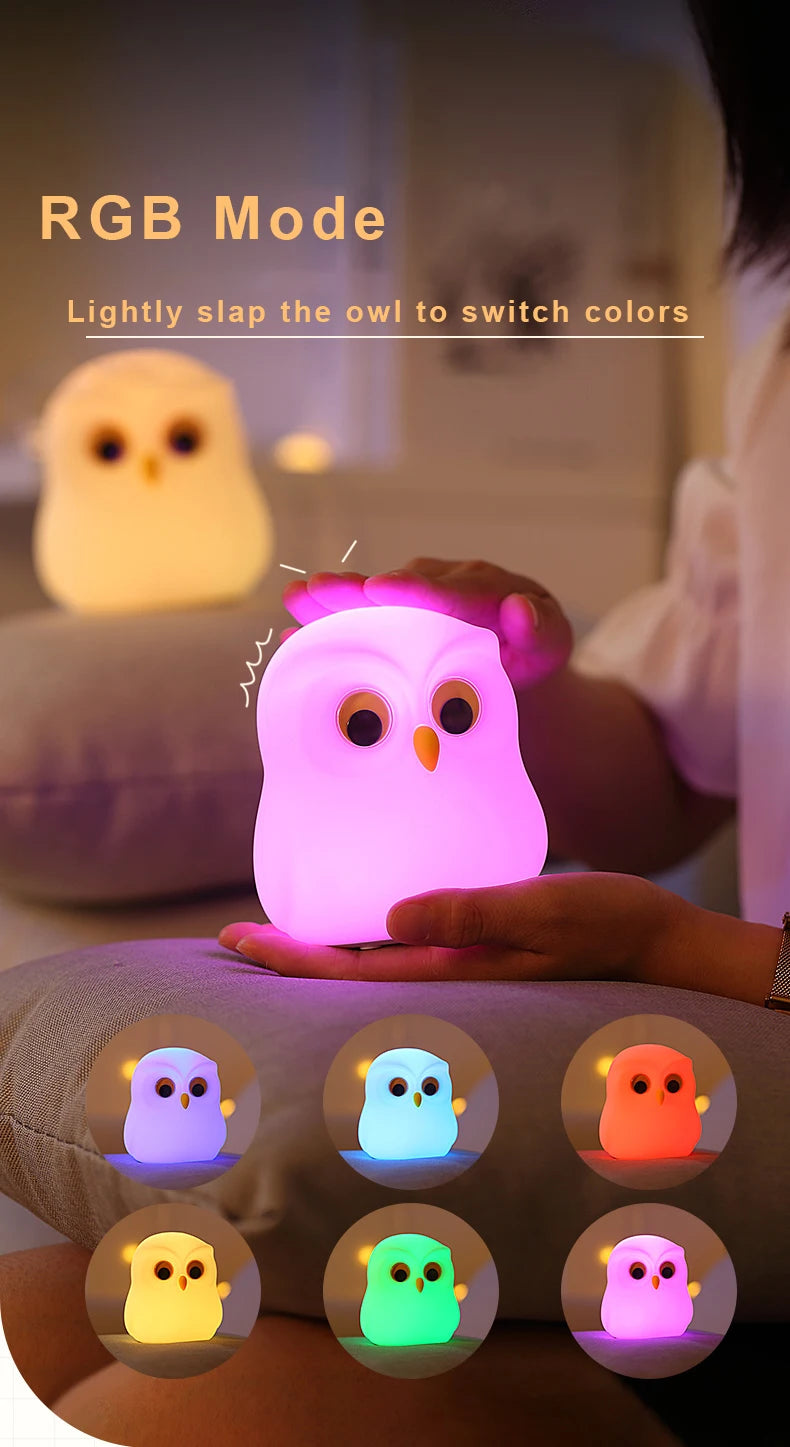 Luz nocturna de búho, bonita lámpara de noche de silicona, lámpara de ambiente RGB recargable, decoración de habitación, Animal divertido, regalo de luz nocturna para niños
