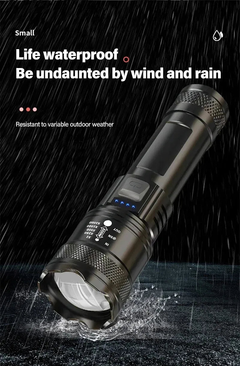 Linterna LED recargable, linterna con zoom de 10000LM, resistente al agua, 5 modos con pantalla LCD, carga para acampar, senderismo, emergencia