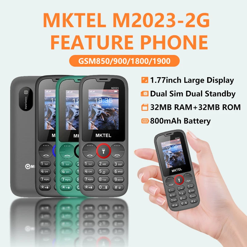 Teléfono Móvil MKTEL M2023 para Personas Mayores, Pantalla de 1.77 Pulgadas, Botones Grandes, Doble SIM, Bluetooth, Cámara, Juegos, Radio FM, Linterna, Larga Duración de Batería