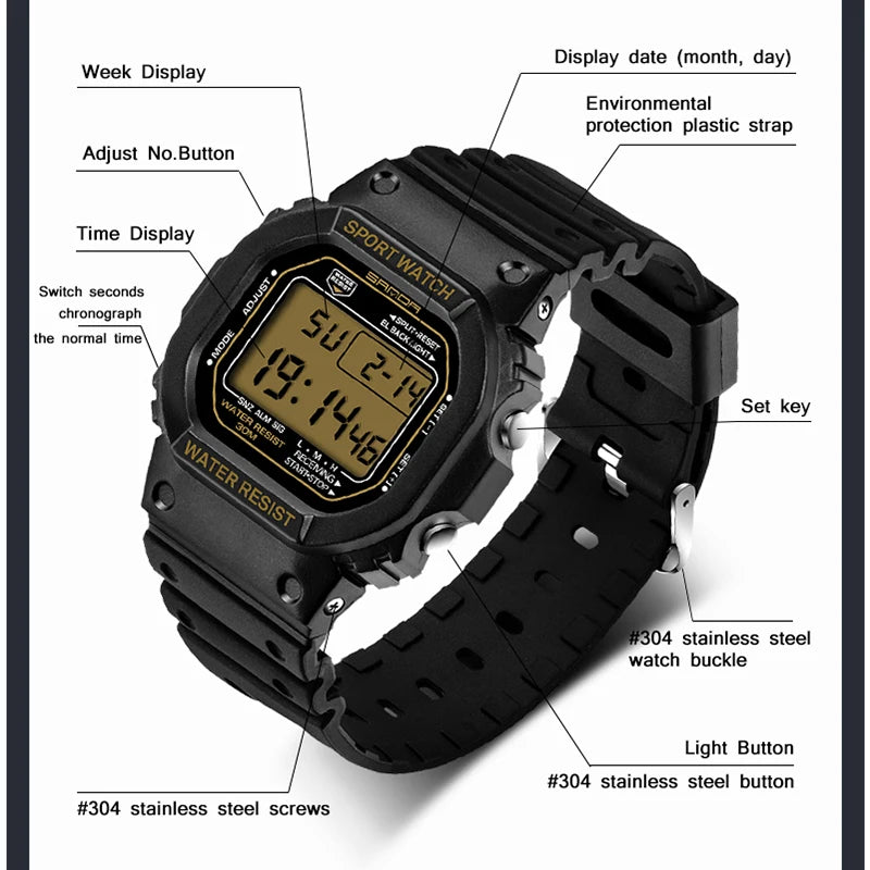 Reloj Digital Deportivo SANDA 329 para Hombre, LED, Resistente al Agua