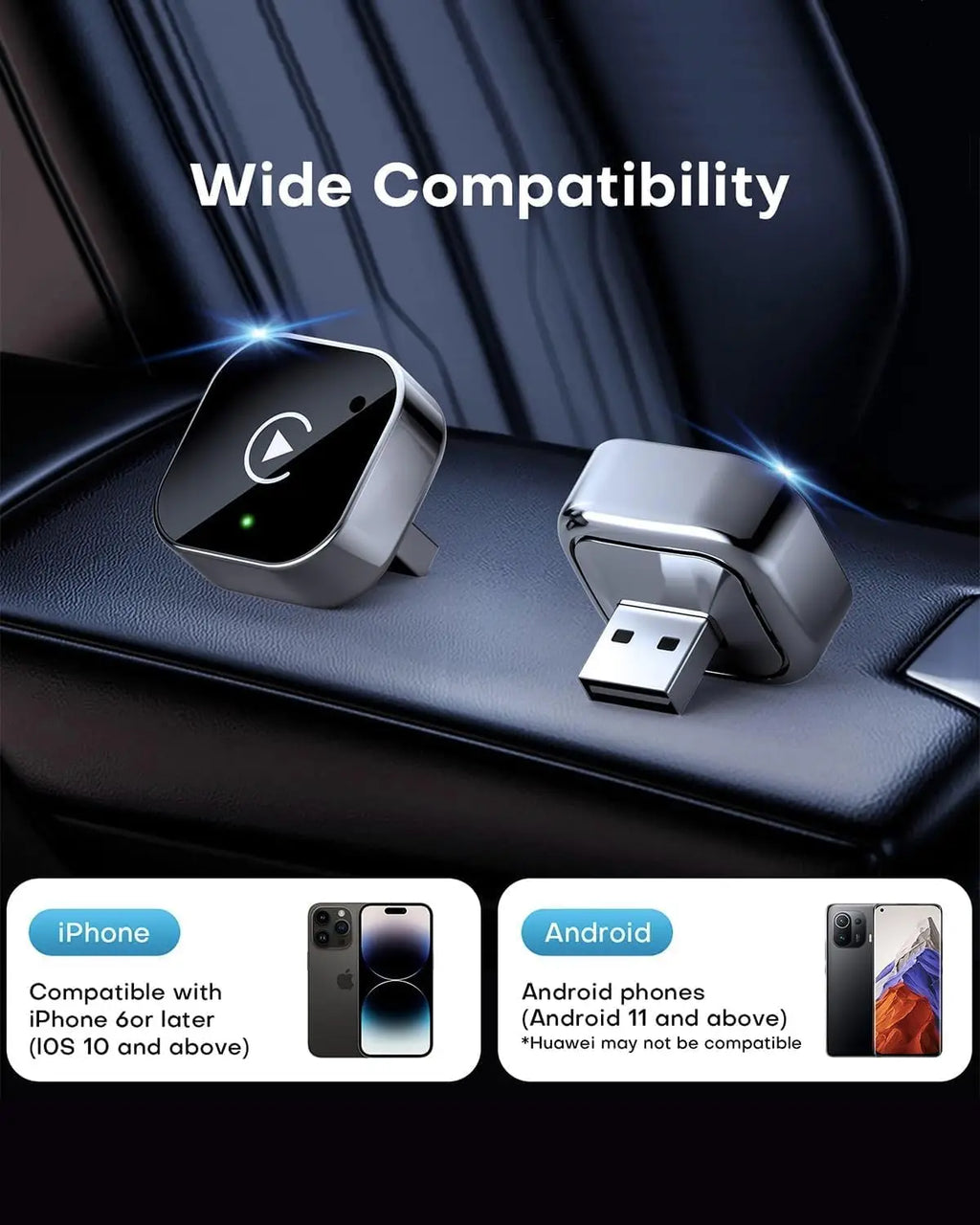 Dongle inalámbrico CarPlay y Android Auto, conexión automática rápida, Plug & Play compacto para iPhone Android, USB A/USB-C sin retardo
