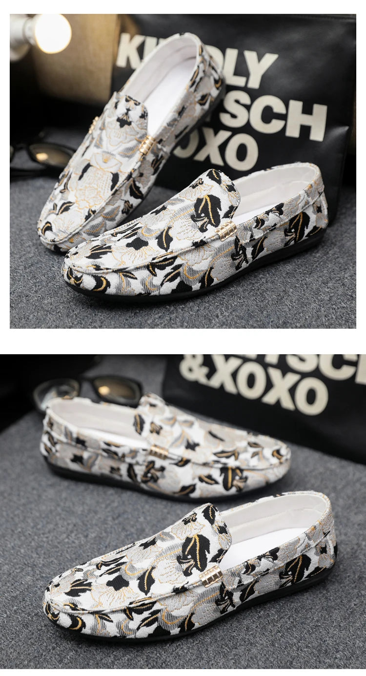 Zapatos Casuales Florales para Hombre | Estilo Mocasín Azul y Blanco