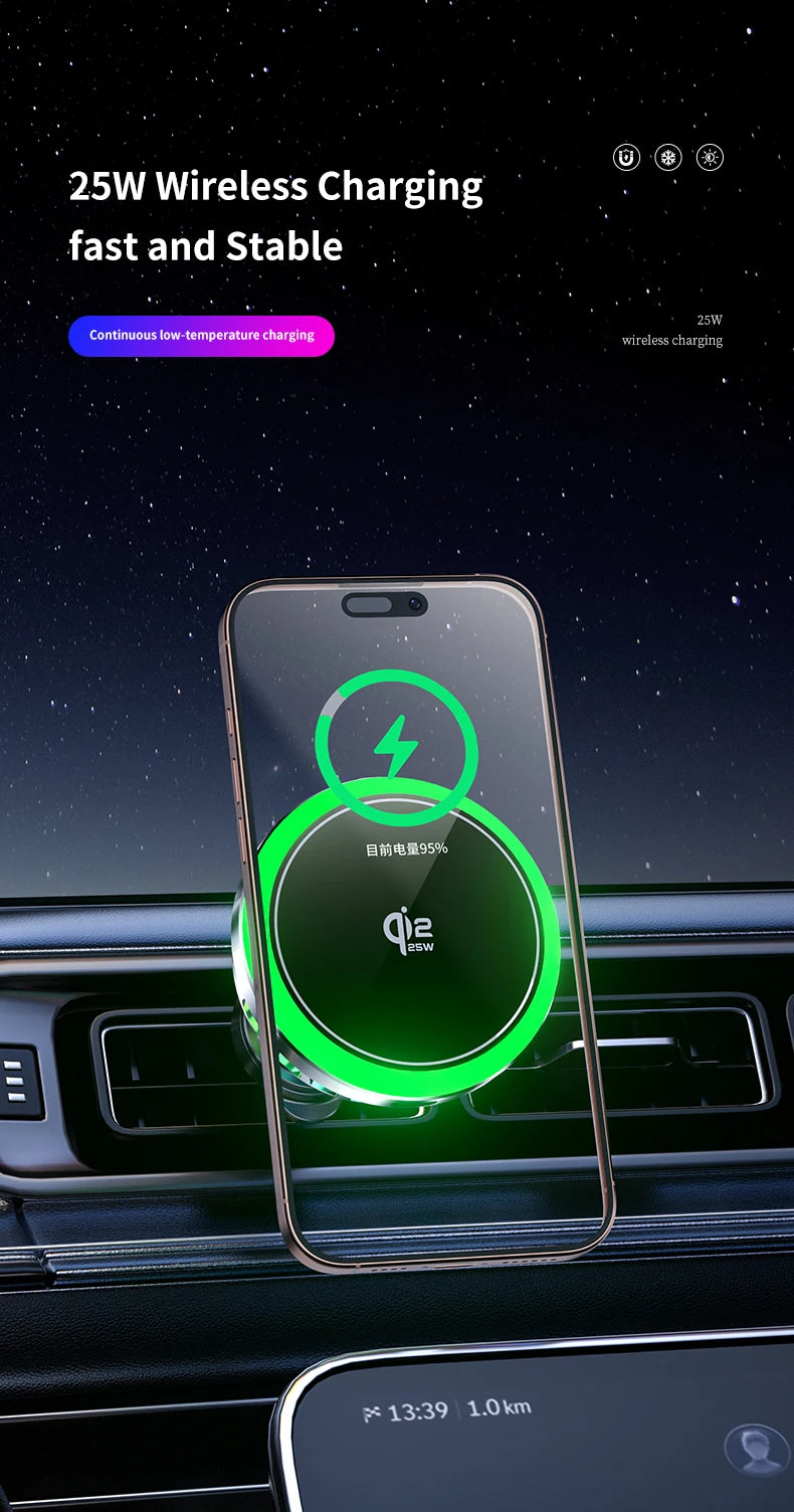 Cargador Inalámbrico Magnético Qi2.2 de 25W para Coche con Refrigeración por Aire, Estación de Carga Rápida, Soporte para Teléfono con Ventilación para iPhone 17-12 Pro Max