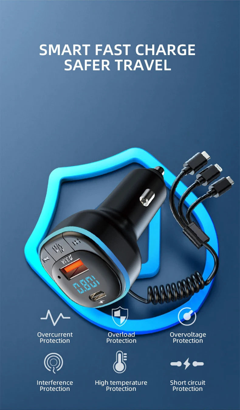 Transmisor FM Bluetooth para Auto con Cargador Dual y Cable 3 en 1