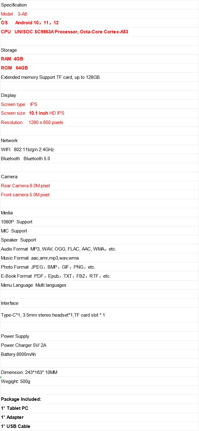 Tablet PC A6 de 10.1 Pulgadas con Android 12, 4GB+64GB de Almacenamiento, Cámaras Duales, Batería de 8000mAh, Octa-Core UNISOC, 1280 x 800 Píxeles
