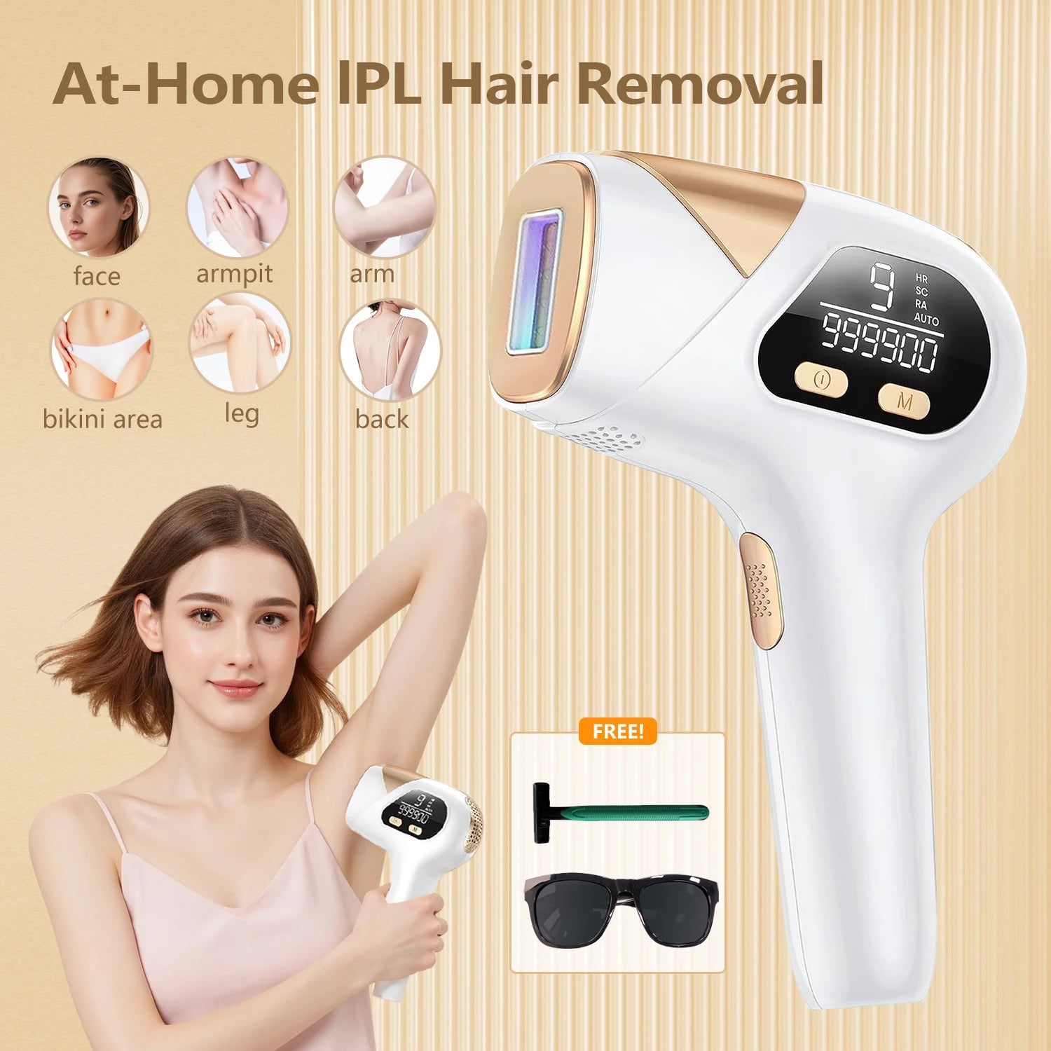 Dispositivo de depilación láser IPL 3 en 1, 999900 Flashes, depiladora permanente de 9 niveles, tratamiento para todo el cuerpo, uso doméstico para hombres y mujeres