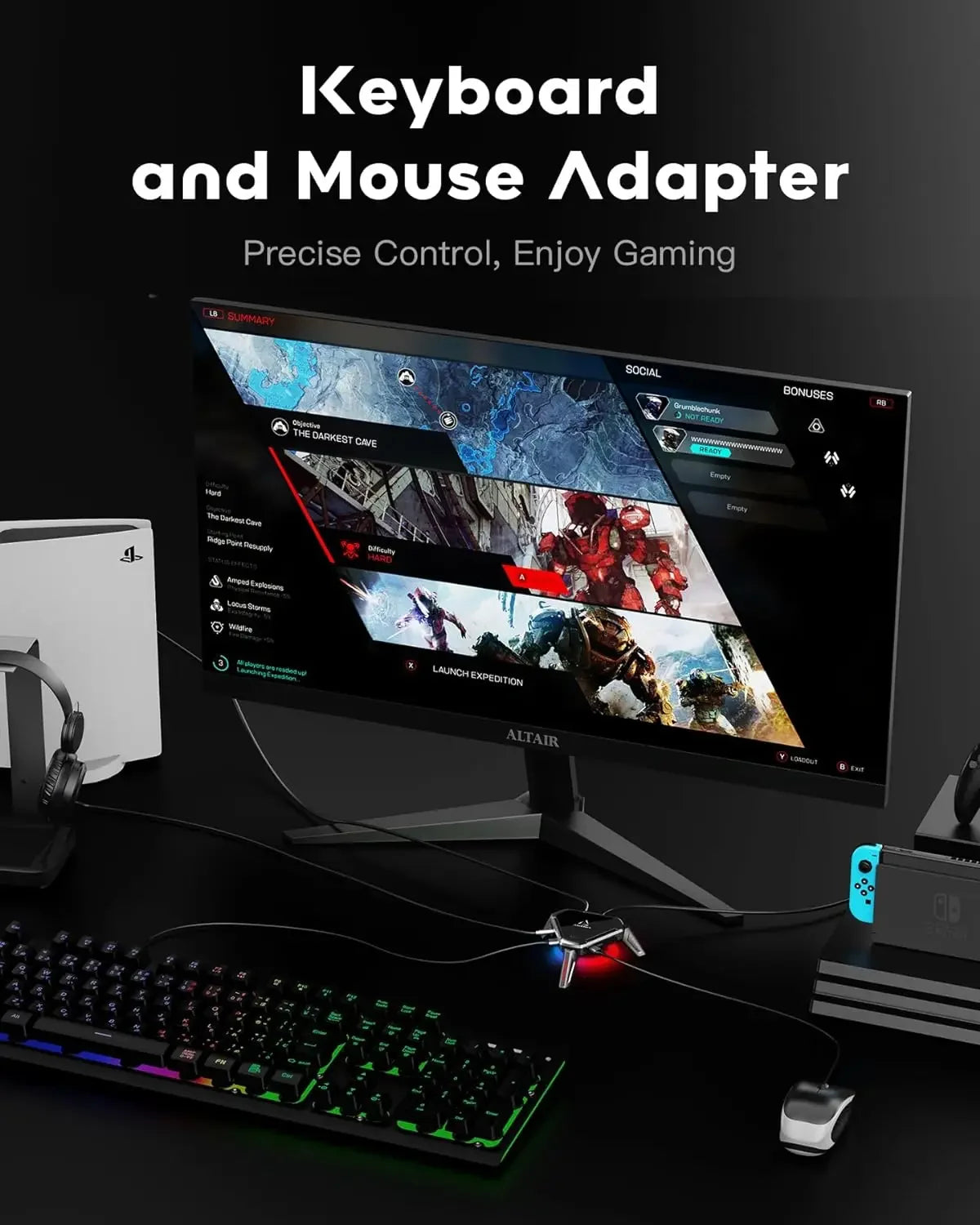 Adaptador de Teclado y Ratón AIMZENIX AX600 MONSTER para PS5/PS4/Xbox Series X | S/Xbox One/Switch - Compatible con auriculares de 3.5mm y dispositivos móviles