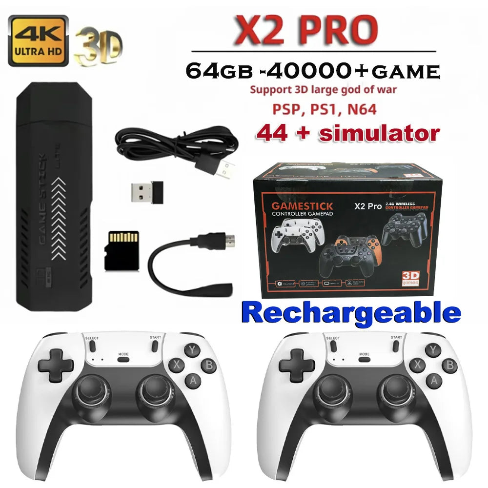 Consola de juegos retro X2PRO 4K Ultra HD, sistema de juegos arcade 3D, mando inalámbrico recargable, 2 jugadores, consola de juegos para TV doméstica compatible con HDMI, PSP, PS1, N64