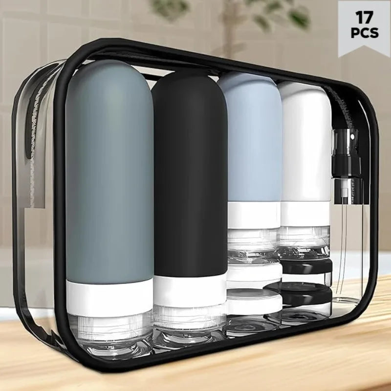 Juego de 17 Botellas de Viaje de Silicona, Envases de Aseo a Prueba de Fugas para Champú, Acondicionador, Cosméticos, Kit de Accesorios Recargables