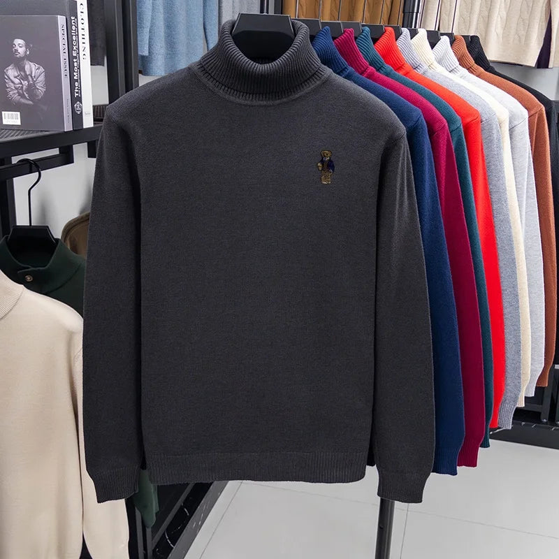 Suéter de Punto de Manga Larga para Hombre, Diseño de Alta Gama, Estampado de Oso, Cuello Alto, Estilo Informal, Versátil, Cálido y Moderno