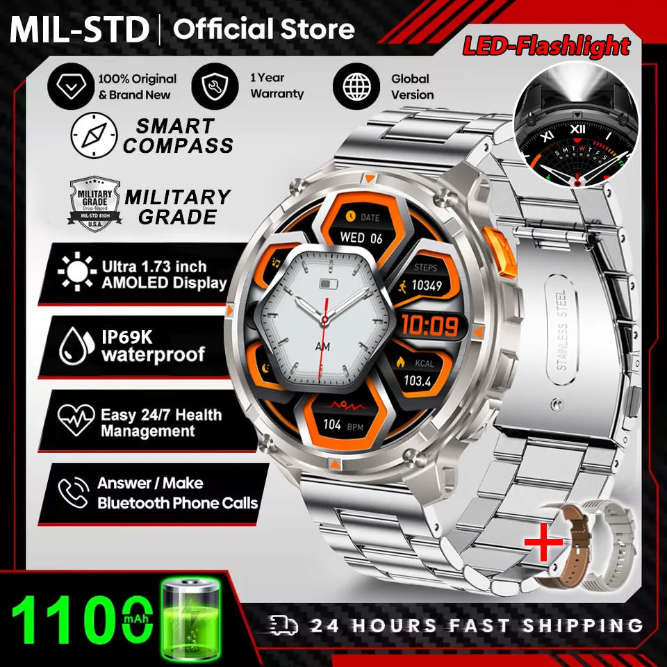 Reloj Inteligente AMOLED 1100mAh con Linterna LED, IP69 y Llamadas Bluetooth