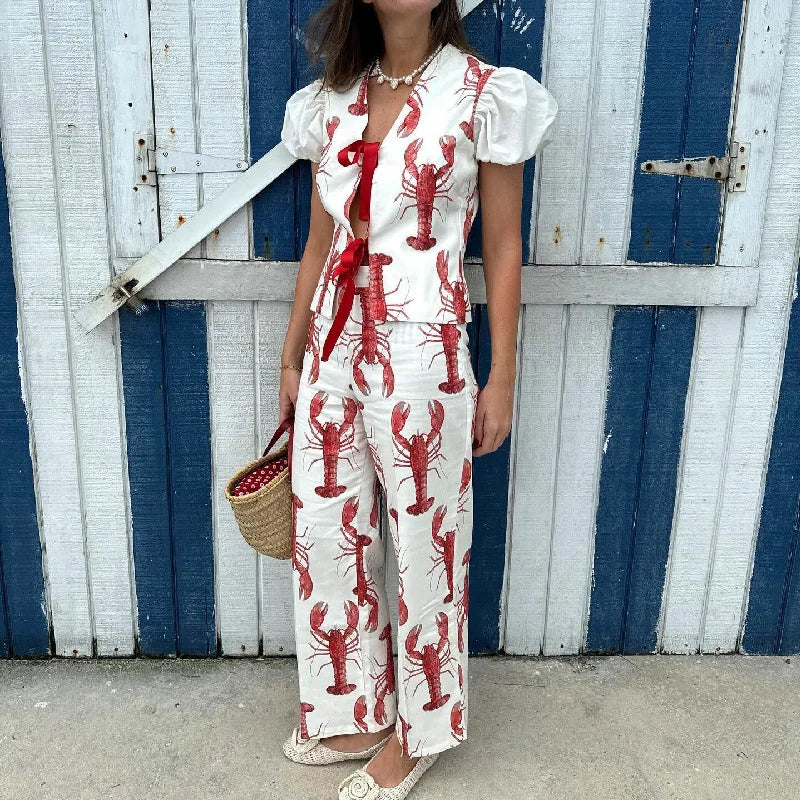 Conjunto de pantalones largos con estampado de crayón de dibujos animados para mujer, camisa de manga corta de verano, pantalón de pierna ancha de cintura alta, conjuntos de 2 piezas, trajes para mujer 2024