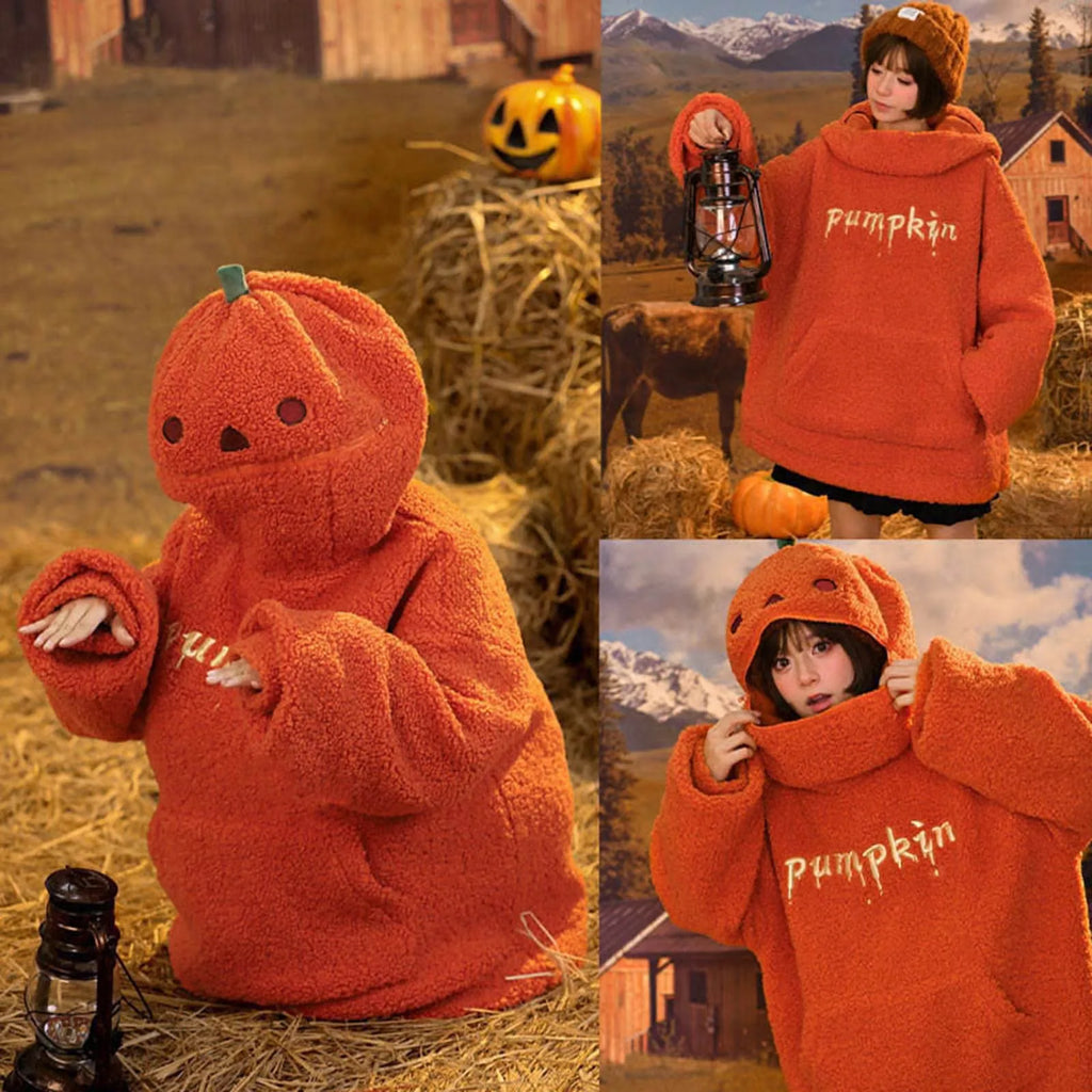 2025 otoño sudaderas con capucha de calabaza fiesta de Halloween cabeza de calabaza polar de cordero mujeres Sudadera con capucha bordado ropa de calle gruesa