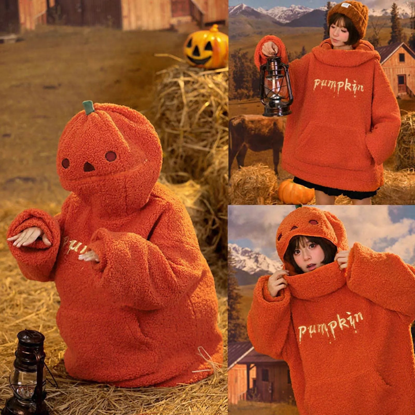 2025 otoño sudaderas con capucha de calabaza fiesta de Halloween cabeza de calabaza polar de cordero mujeres Sudadera con capucha bordado ropa de calle gruesa