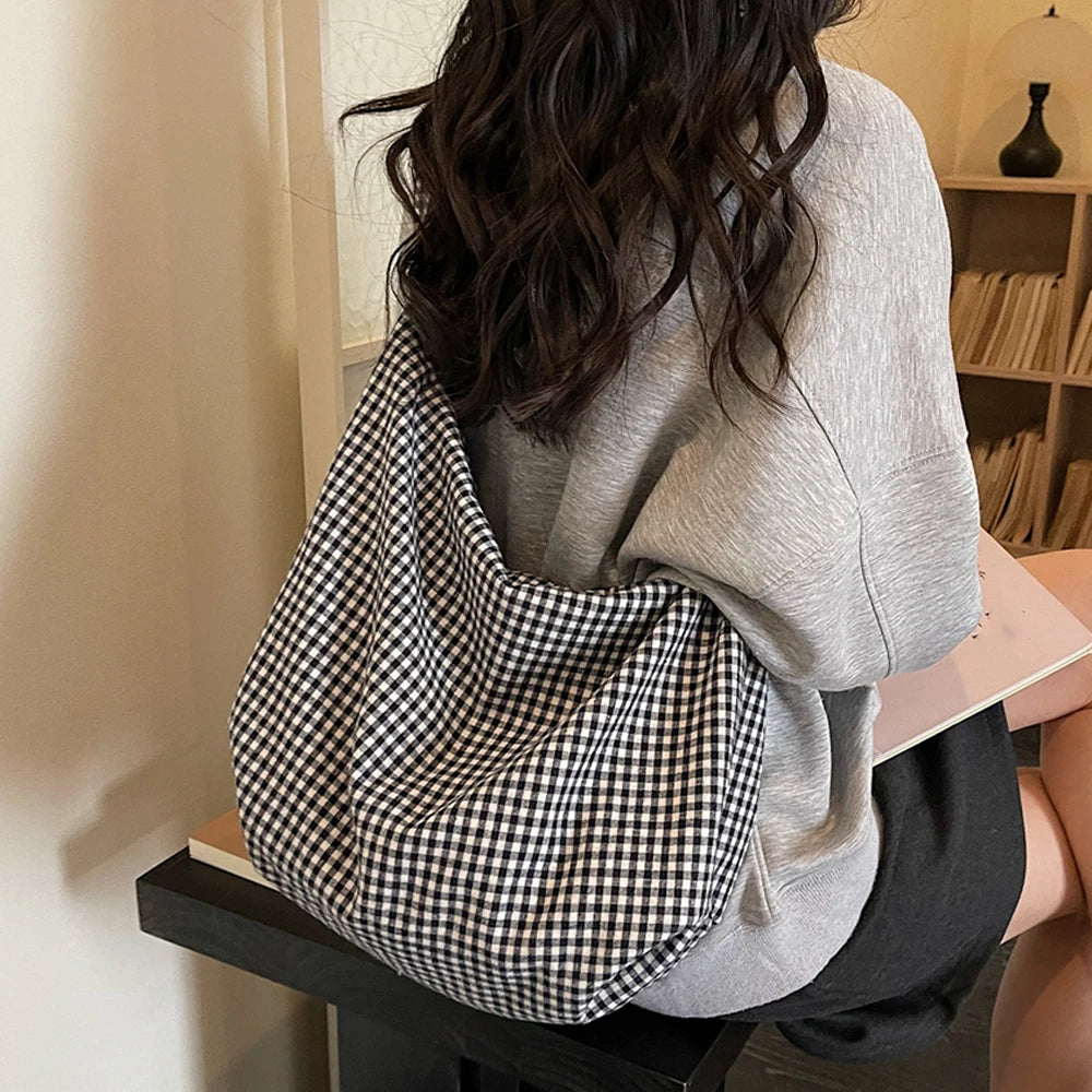 Bolso Bandolera para Mujer Estilo Casual, Diseño Retro a Cuadros, Versátil, Gran Capacidad, Tipo Dumpling, Bolso Tote para el Día a Día