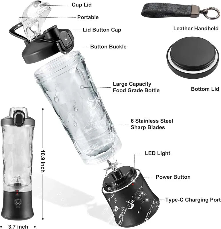 Licuadora Portátil USB con Vaso Mezclador para Batidos y Hielo