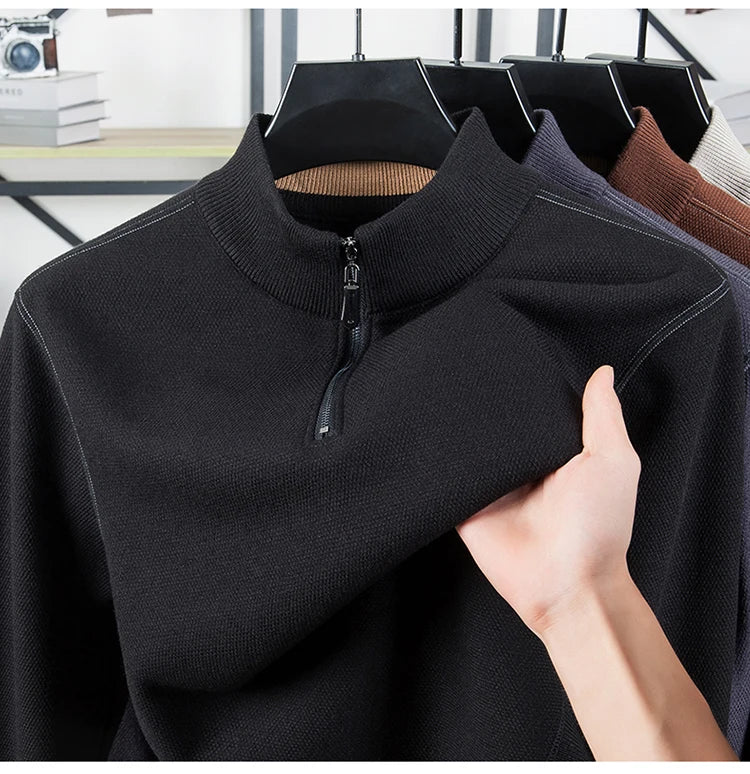 Suéter grueso de terciopelo de alta calidad, jersey con media cremallera para hombre, nueva camiseta cálida holgada informal, prendas de punto