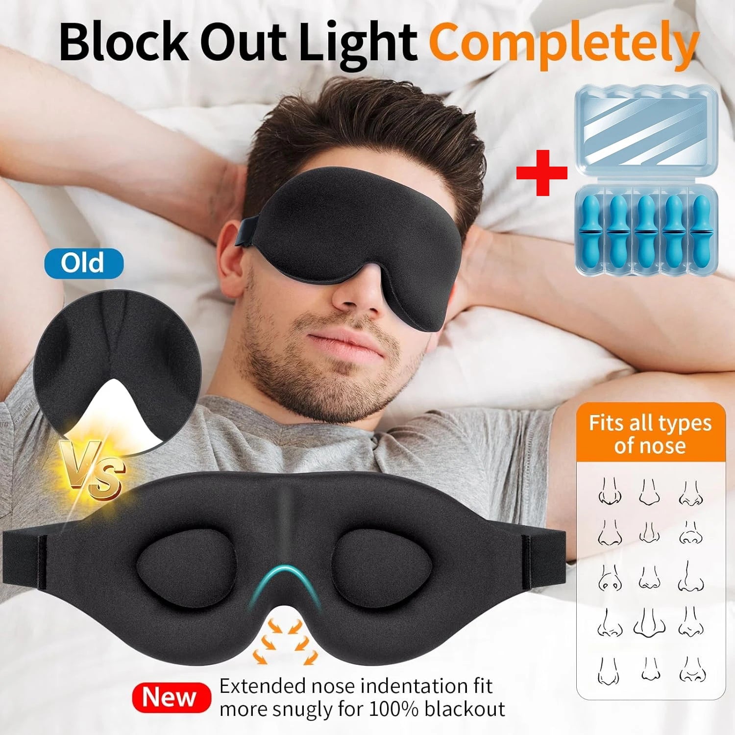 Antifaz para Dormir de Lado o Boca Arriba, Bloquea la Luz, Antifaz de Viaje Transpirable sin Presión, Negro con Tapones para los Oídos