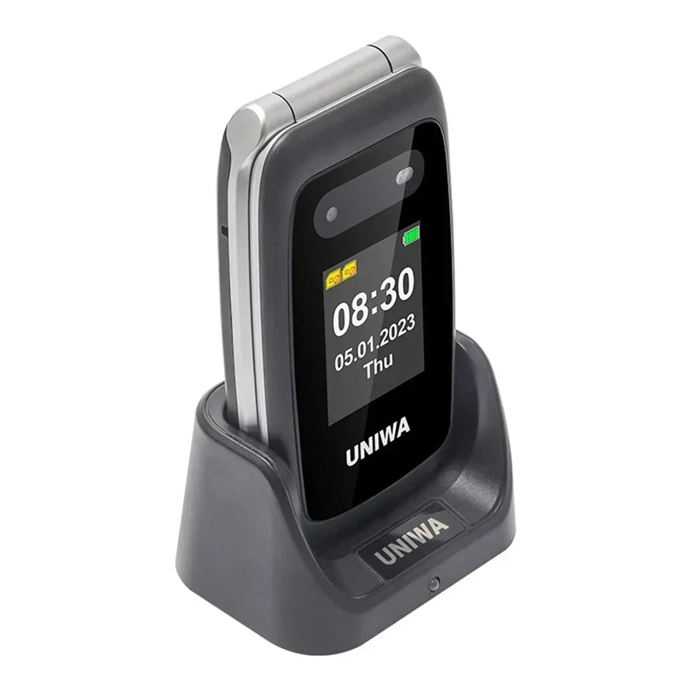UNIWA V202T teléfono abatible pantalla Dual botón grande tarjetas SIM duales red 4G soporte para teléfono móvil base de carga para personas mayores