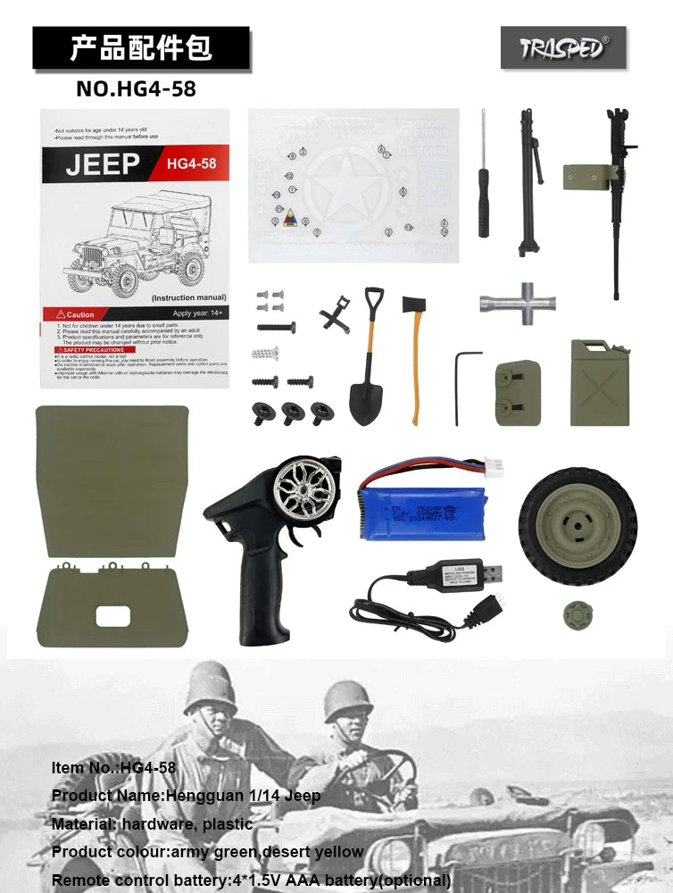 Jeep Willys RC 1/14 Militar con Cabrestante 4WD