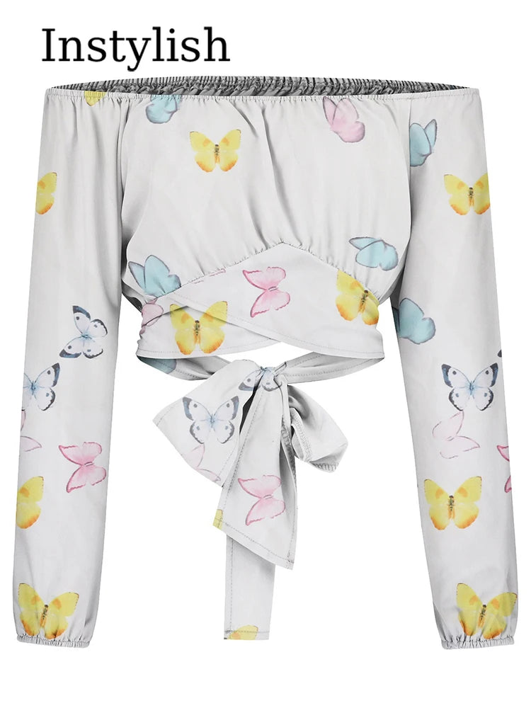 Blusa con Hombros Descubiertos y Lazo de Manga Larga