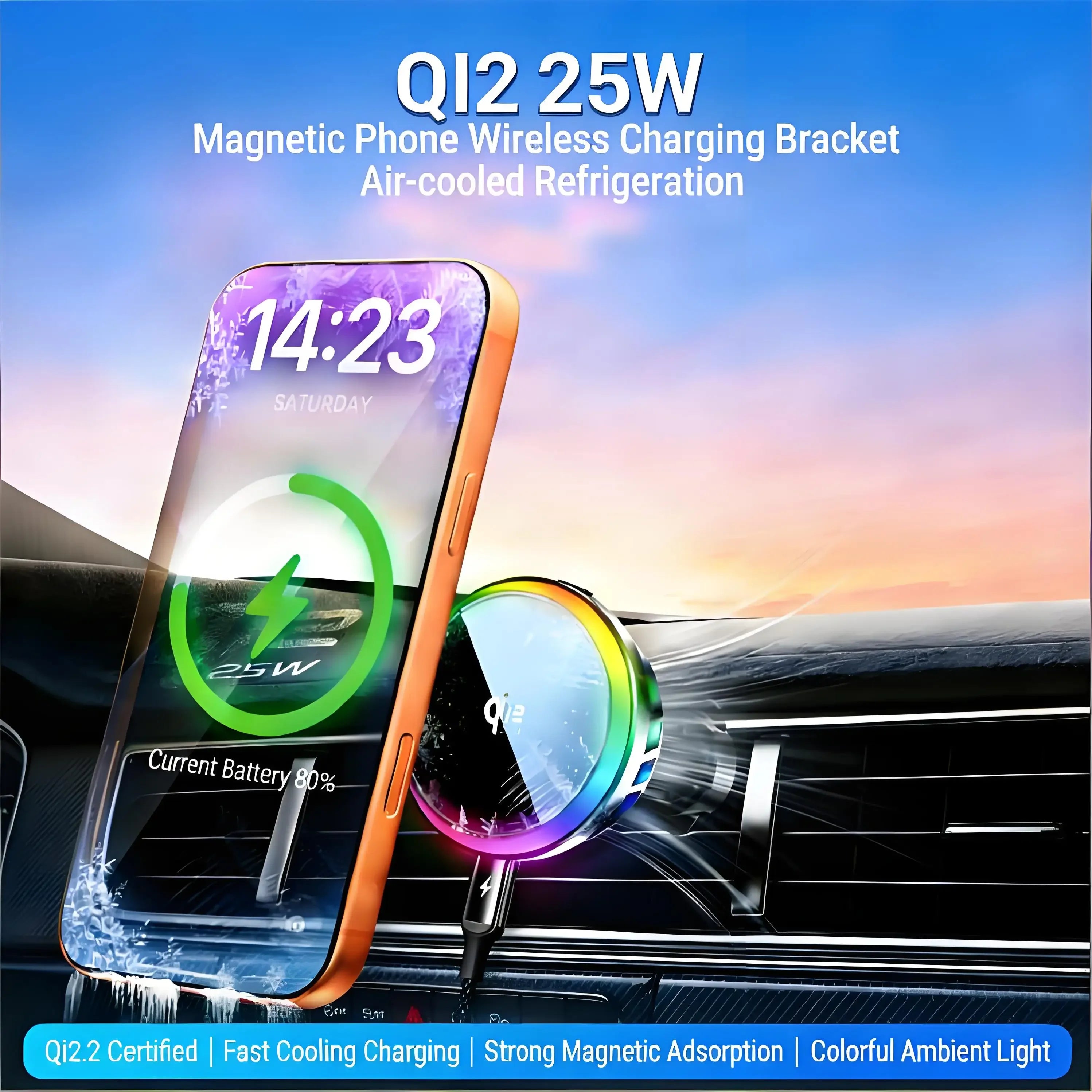 Cargador Magnético para Coche Qi2 de 25W con Luz RGB, Soporte para Rejilla de Ventilación con Carga Rápida y Refrigeración para iPhone 17 Pro Max