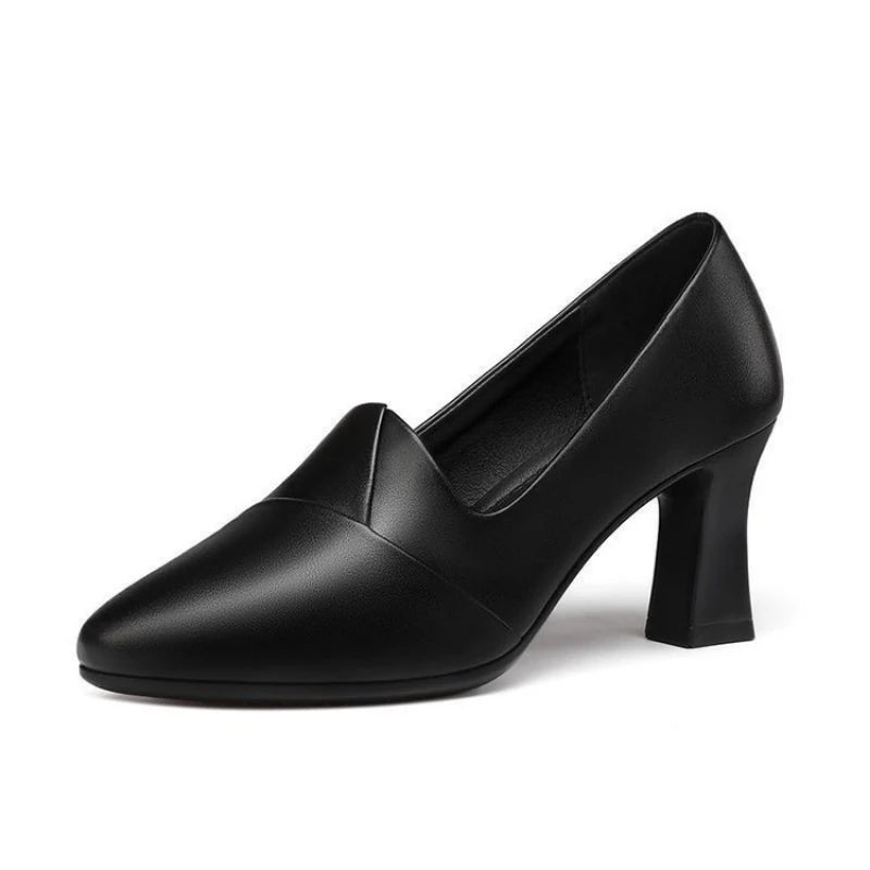 Zapatos de Tacón Grueso con Punta en Pico para Mujer, Zapatos de Oficina y Carrera, Corte en V, Acabado Mate, Clásicos, Elegantes y Cómodos