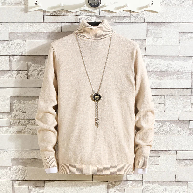 Otoño para hombre de alta calidad de punto suéter de cuello alto ajustado de manga larga anti-pilling jersey Color sólido tendencia hombres Streetwea