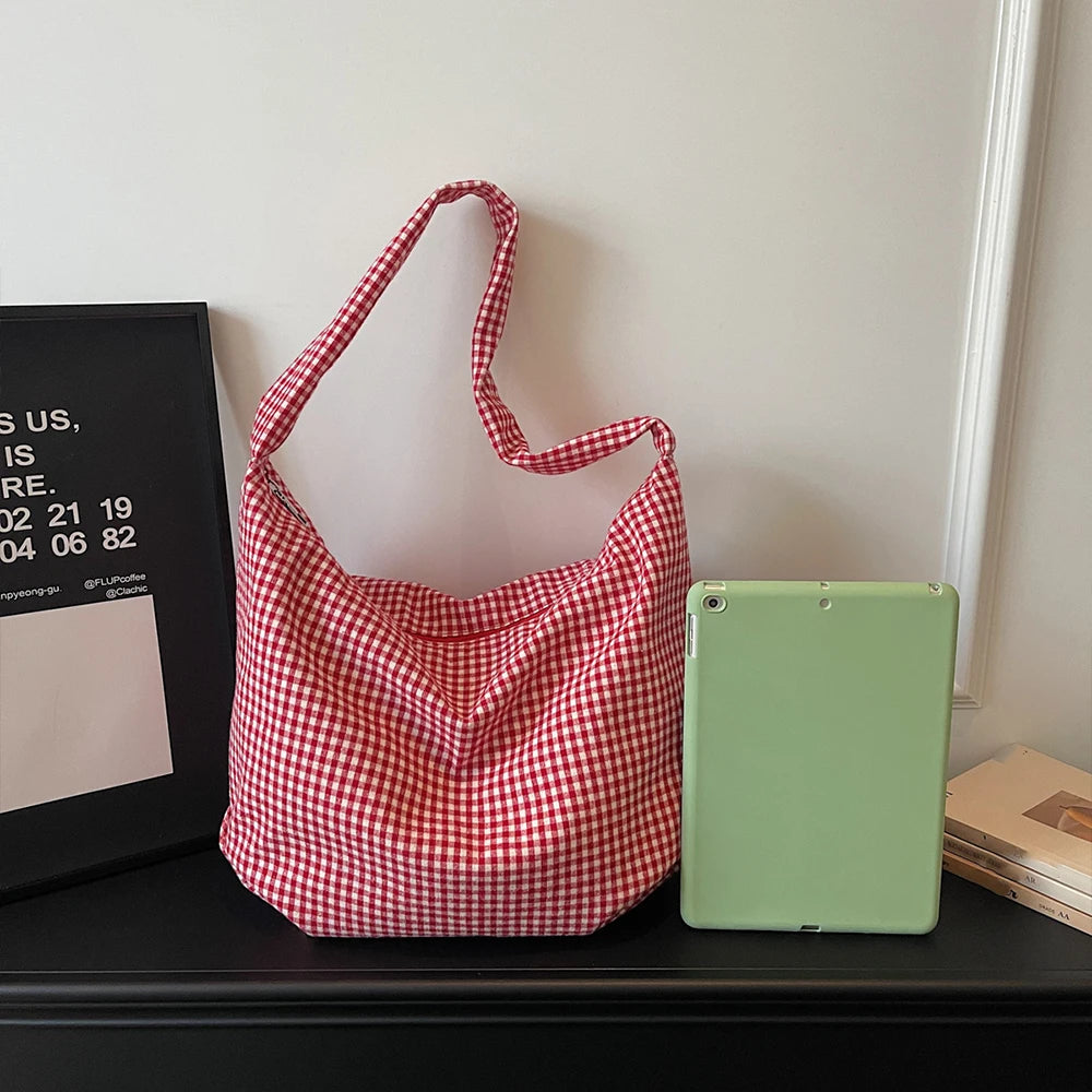 Bolso Bandolera para Mujer Estilo Casual, Diseño Retro a Cuadros, Versátil, Gran Capacidad, Tipo Dumpling, Bolso Tote para el Día a Día