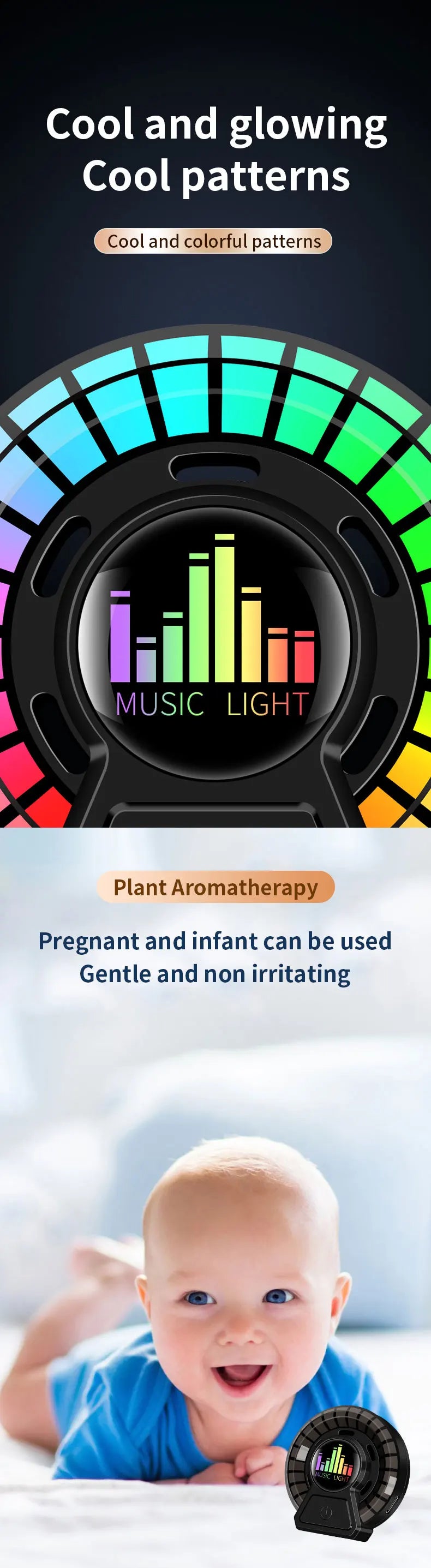 Ambientador de salida de aire para coche, aromaterapia rgb, lámpara de captación de sonido, lámpara LED de respiración, fragancia Floral de océano largo, aromaterapia sólida