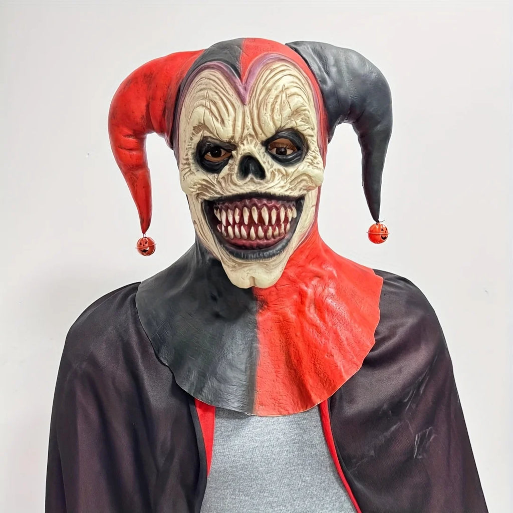 Máscara de payaso amenazante con cuernos, calavera sangrante, Halloween para fiestas de disfraces, casas embrujadas con pendientes de campana, colgantes de calabaza