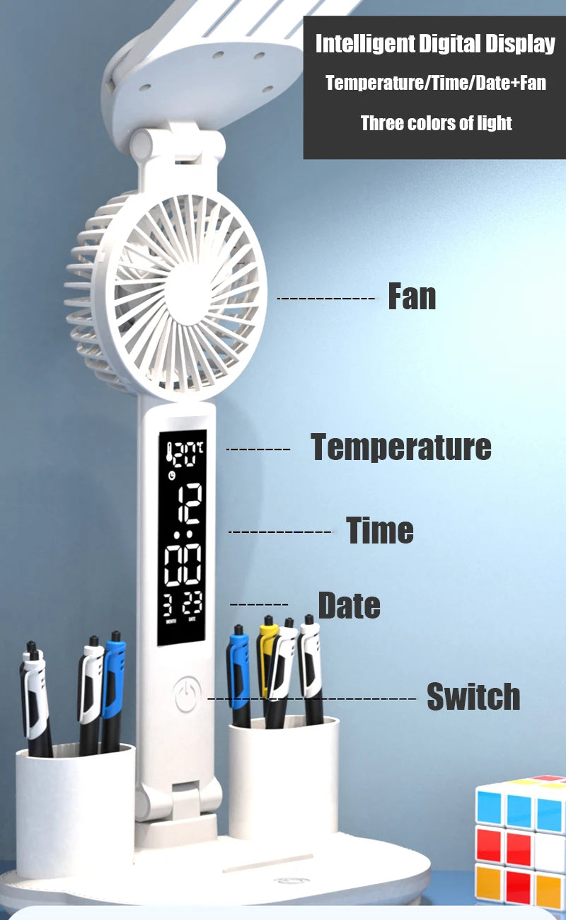Lámpara de escritorio multifuncional 3 en 1, lámpara LED de escritorio plegable de cuatro cabezales con ventilador, calendario, reloj, lámpara de escritorio de oficina de lectura recargable por USB