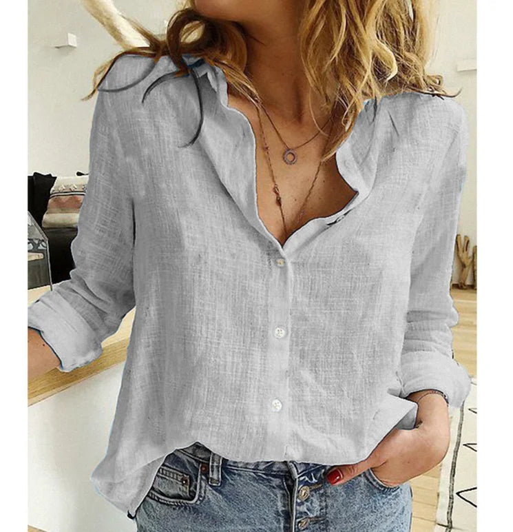 Camisa Holgada de Algodón y Lino para Mujer con Solapa