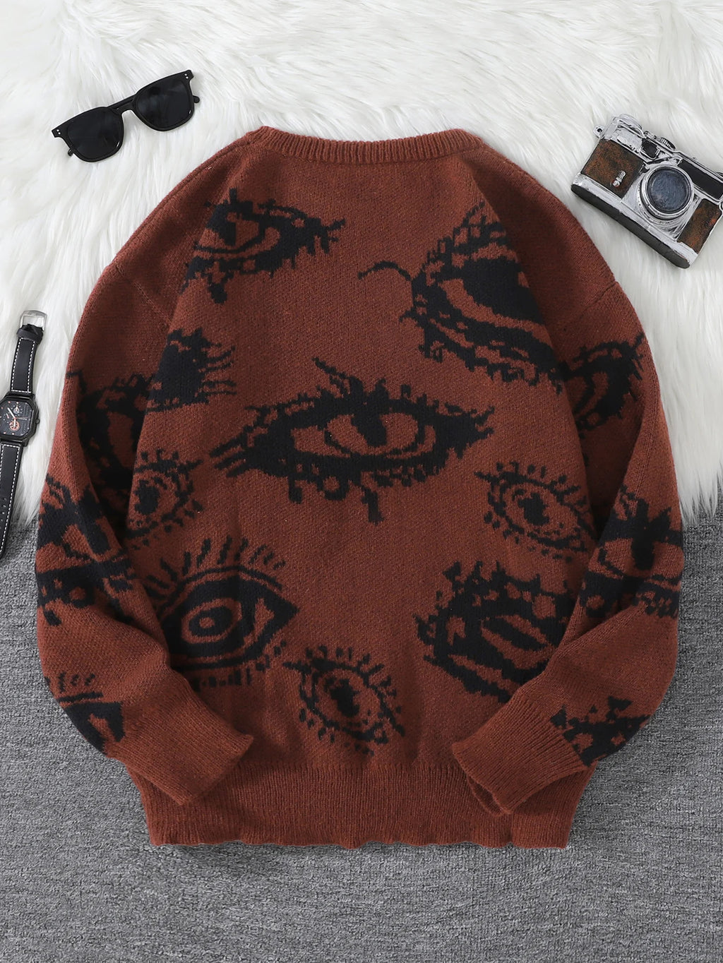 Nuevo Jersey Popular de otoño e invierno con diseño de Jacquard de ojos abstractos, suéter informal de punto con cuello redondo para hombre