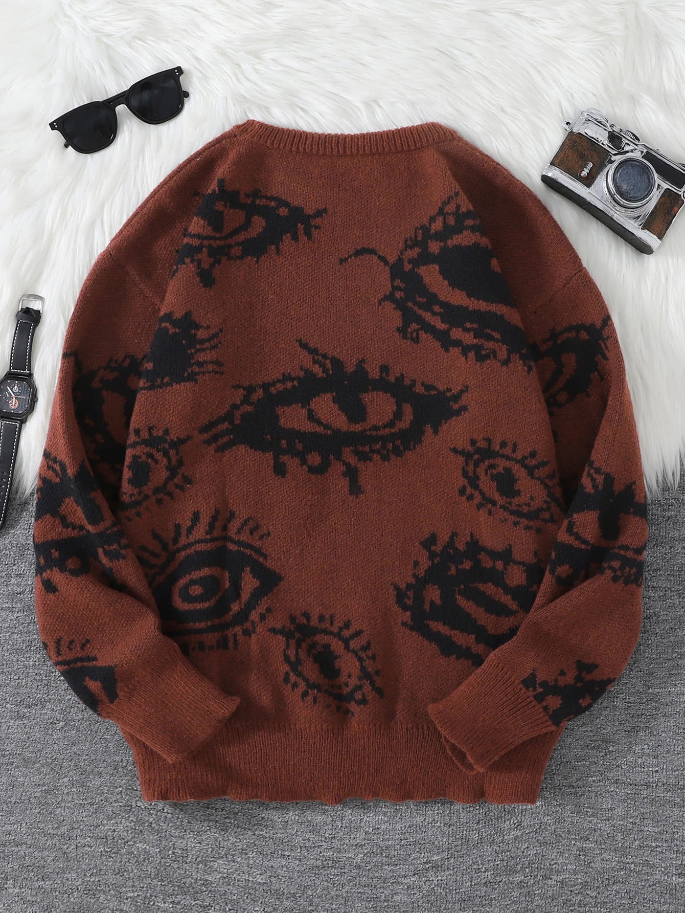 Nuevo Jersey Popular de otoño e invierno con diseño de Jacquard de ojos abstractos, suéter informal de punto con cuello redondo para hombre