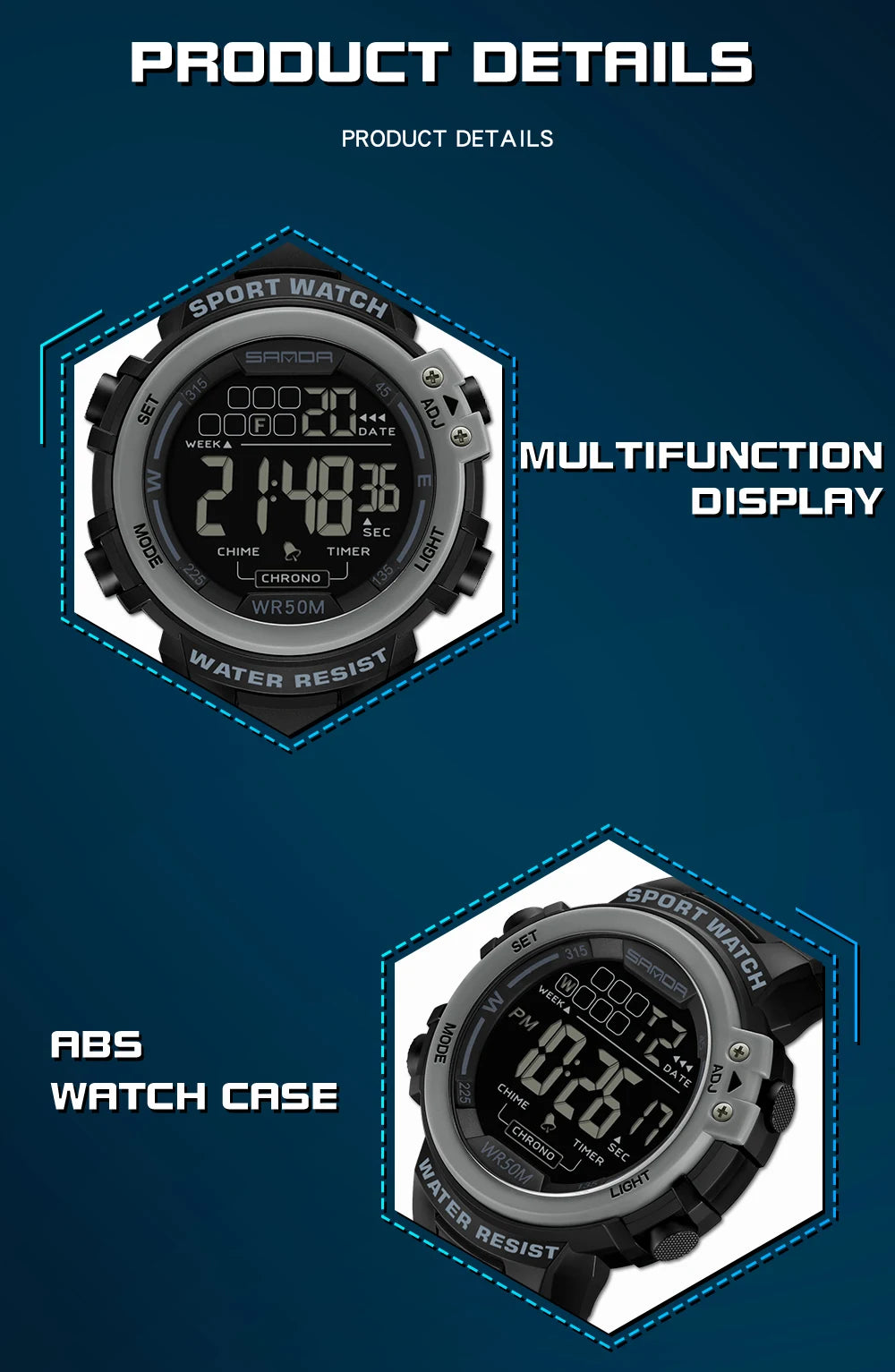 Reloj Digital SANDA 2140 Chrono para Hombre, 5 Bar Multifunción Deportivo