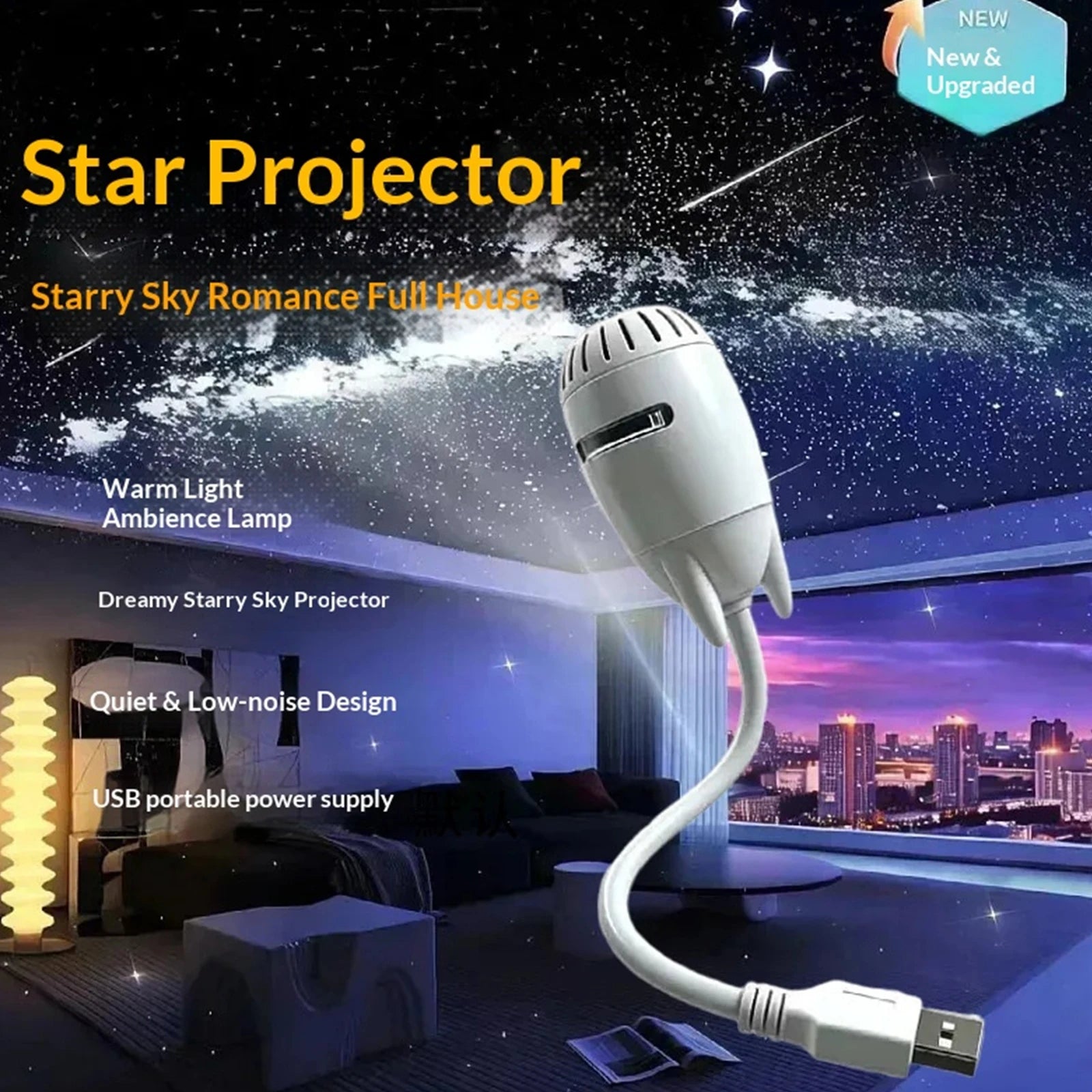 Luz Ambiental USB Portátil 360 °   Proyector de Atmósfera Ajustable, Lámpara de Proyección de Estrellas con Intensidad Regulable para Dormitorio y Mesita de Noche