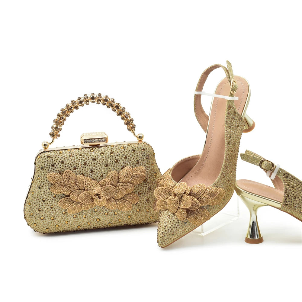 Sandalias con Strass de Tacón Alto para Mujer - Conjunto Zapatos y Bolso
