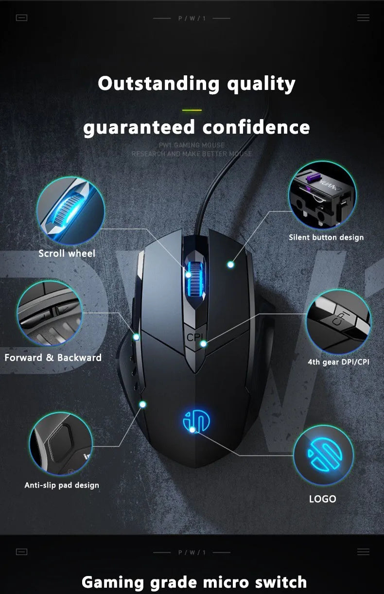 Ratón con cable Inphic W1, ratón para juegos Esports, ratón de oficina silencioso, tres teclas y seis teclas son opcionales