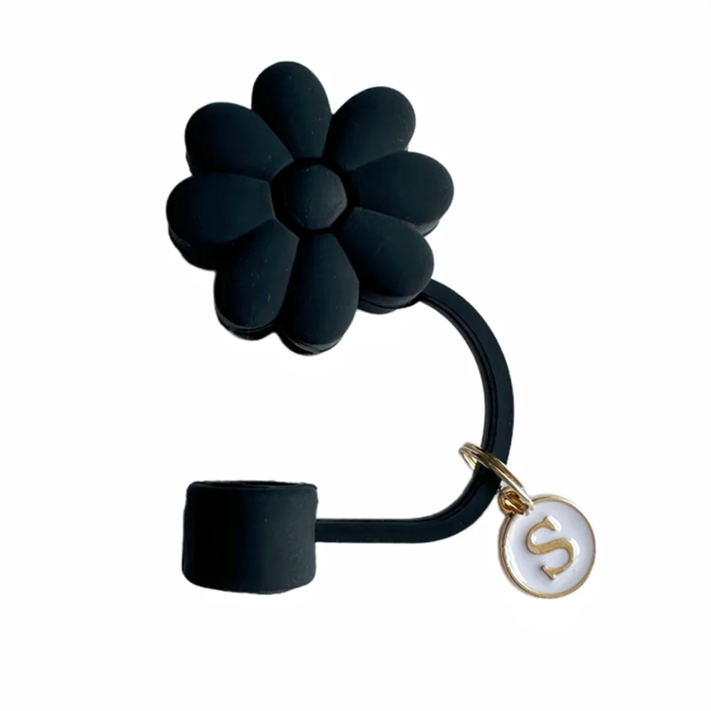 Tapas de Paja de Silicona con Diseño Floral - 26 Letras (Negro)