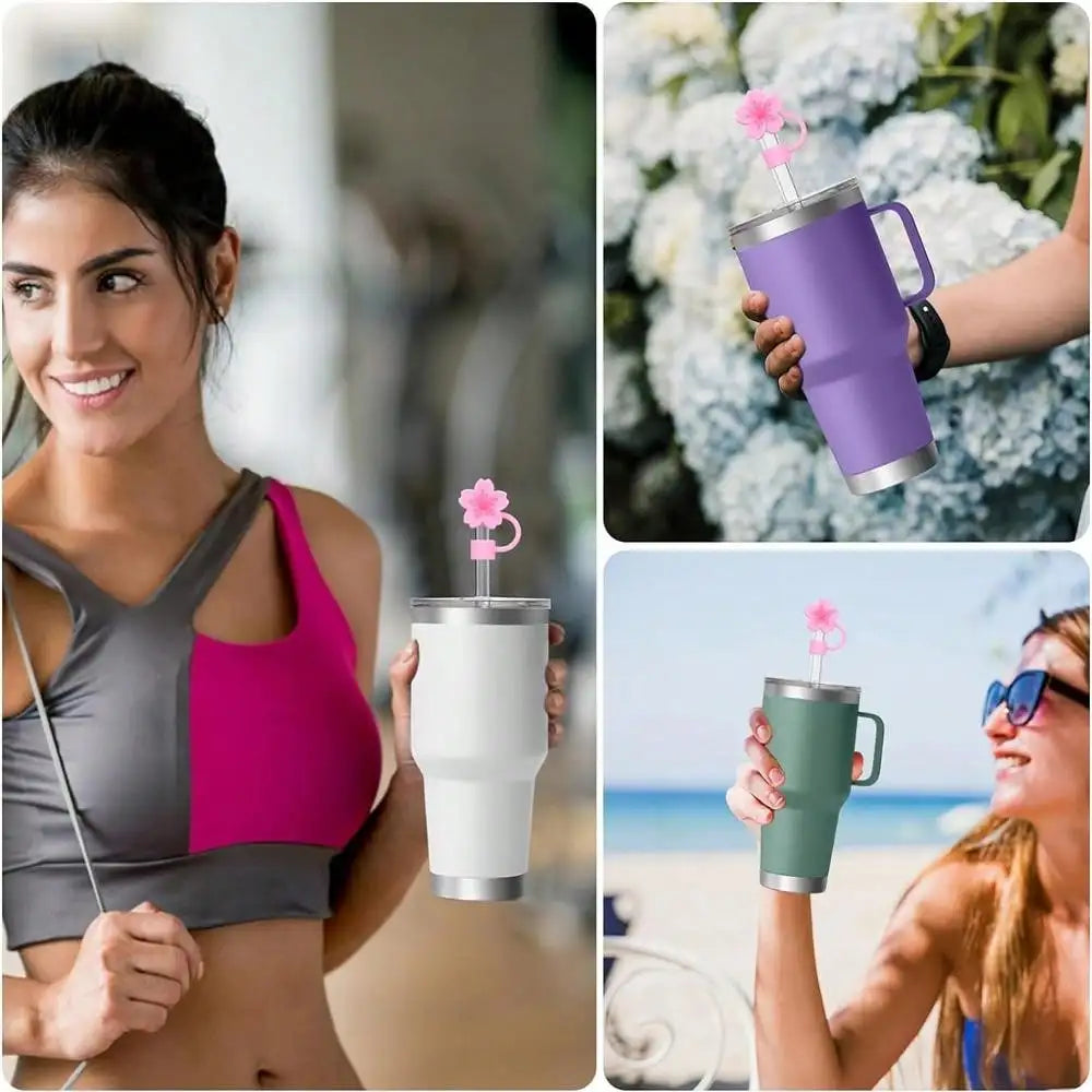 Fundas de paja para sombrero, accesorios de flor de cerezo para tazas Stanley, bonitos gorros de paja de silicona, paja reutilizable a prueba de polvo, 5 uds.
